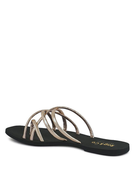 Babe Beachwear chic metallic flat slip-ons sandals with multiple thin straps and black sole