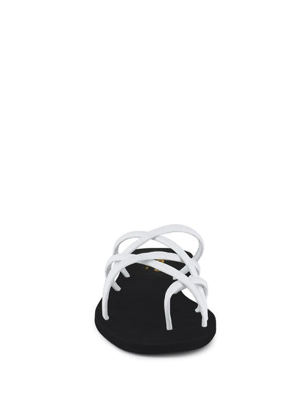 Babe Beachwear chic metallic flat slip-ons with white crisscross straps and black sole