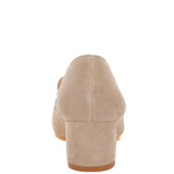 Rag Company beige genuine suede dressy loafers with block heel viewed from the back