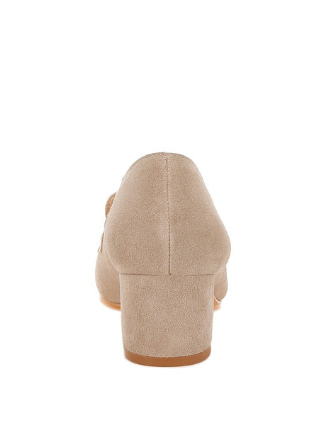 Rag Company beige genuine suede dressy loafers with block heel viewed from the back