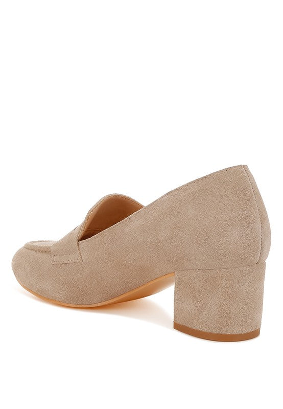 Rag Company beige genuine suede dressy loafers with block heel for elegant style