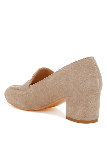 Rag Company beige genuine suede dressy loafers with block heel for elegant style