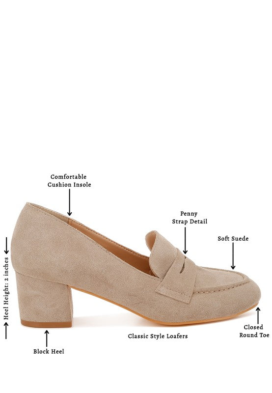Rag Company genuine suede dressy loafers in beige with block heel and penny strap detail