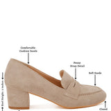 Rag Company genuine suede dressy loafers in beige with block heel and penny strap detail