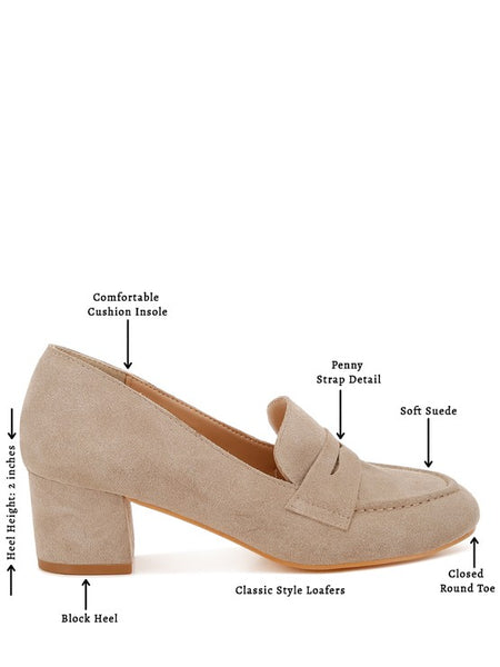 Rag Company genuine suede dressy loafers in beige with block heel and penny strap detail