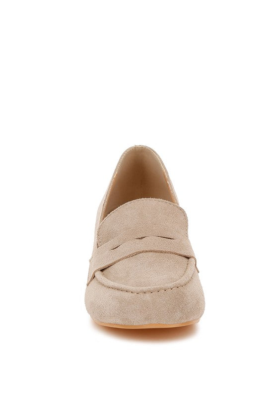 Rag Company beige genuine suede dressy loafers with classic stitching and low heel