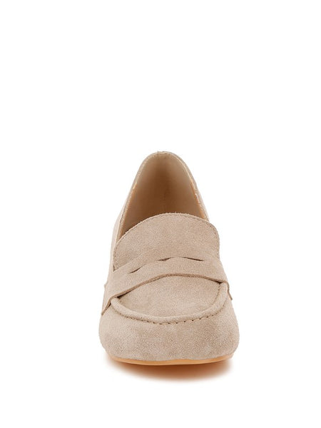 Rag Company beige genuine suede dressy loafers with classic stitching and low heel