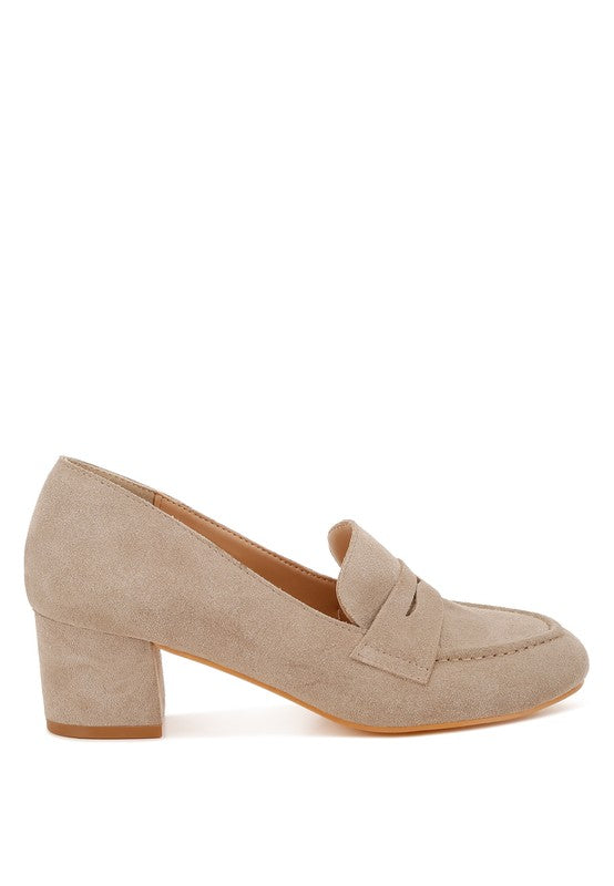 Rag Company genuine suede dressy loafers in beige with block heel and classic loafer design