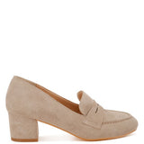 Rag Company genuine suede dressy loafers in beige with block heel and classic loafer design