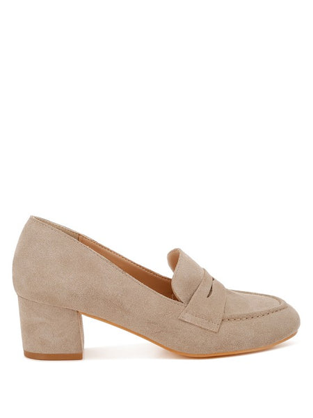 Rag Company genuine suede dressy loafers in beige with block heel and classic loafer design