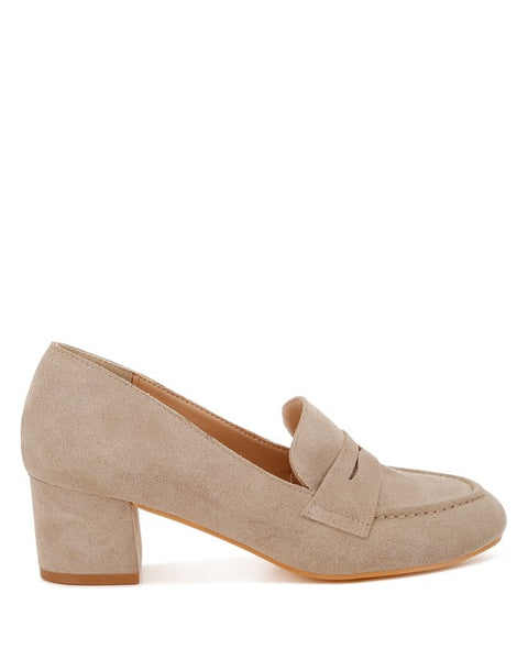 Rag Company genuine suede dressy loafers in beige with block heel and classic loafer design