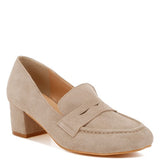 Rag Company beige genuine suede dressy loafers with block heel and classic loafer design