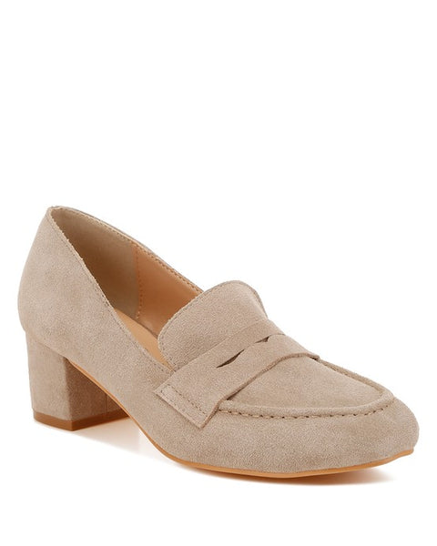 Rag Company beige genuine suede dressy loafers with block heel and classic loafer design