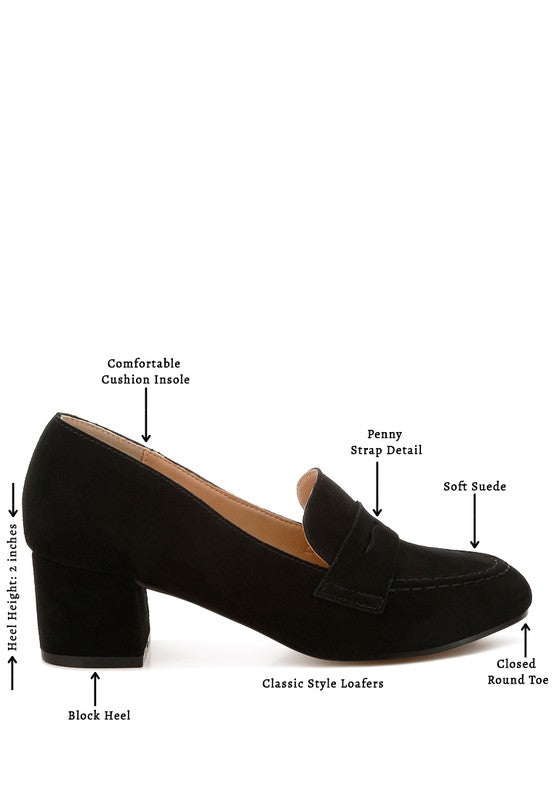 Rag Company genuine suede dressy loafers in black with block heel and penny strap detail