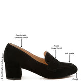 Rag Company genuine suede dressy loafers in black with block heel and penny strap detail