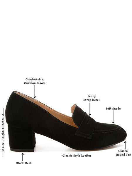Rag Company genuine suede dressy loafers in black with block heel and penny strap detail