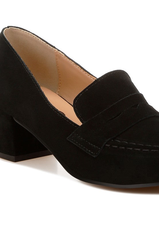 Rag Company black genuine suede dressy loafers with low block heel and stitched detailing