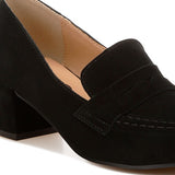 Rag Company black genuine suede dressy loafers with low block heel and stitched detailing