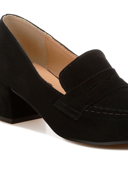 Rag Company black genuine suede dressy loafers with low block heel and stitched detailing