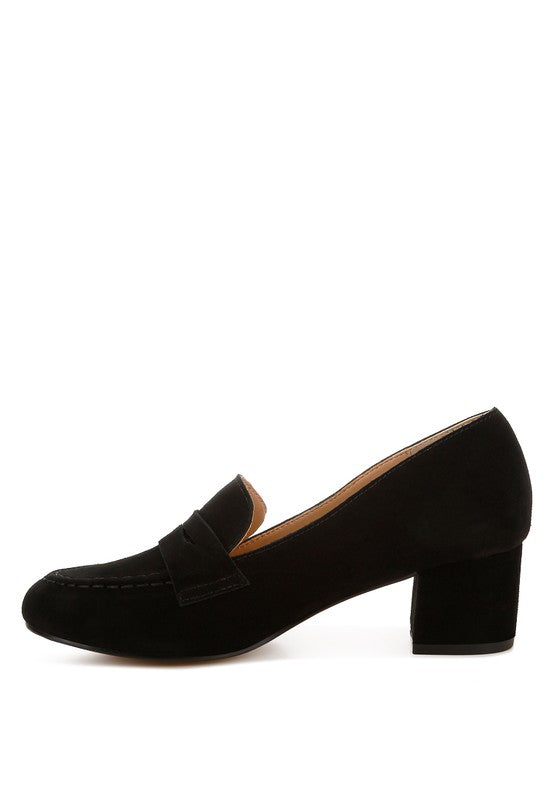 Rag Company black genuine suede dressy loafers with block heel for formal wear
