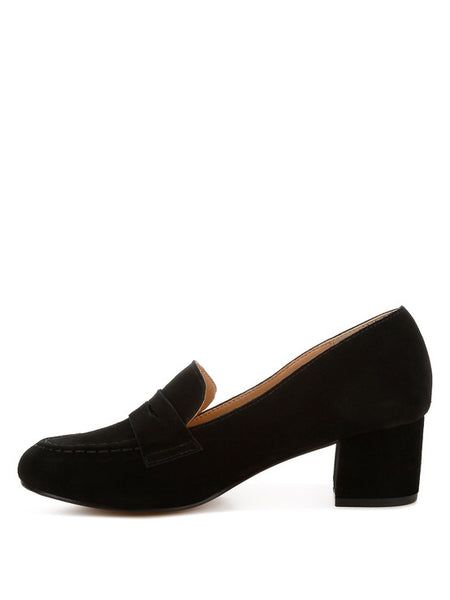 Rag Company black genuine suede dressy loafers with block heel for formal wear
