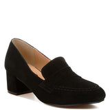 Rag Company black genuine suede dressy loafers with block heel and stitched detailing