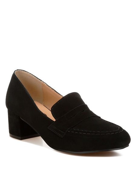 Rag Company black genuine suede dressy loafers with block heel and stitched detailing