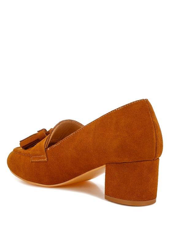 Rag Company genuine suede loafers with Aloha tassel detail in brown with a block heel