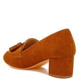 Rag Company genuine suede loafers with Aloha tassel detail in brown with a block heel