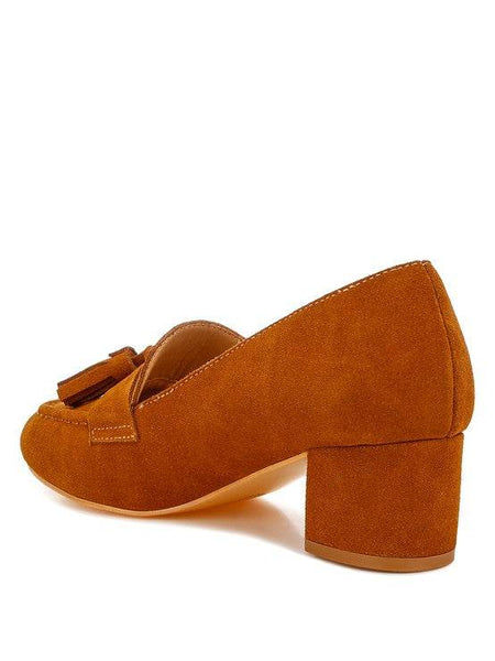 Rag Company genuine suede loafers with Aloha tassel detail in brown with a block heel