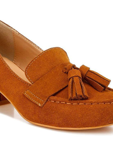Rag Company Genuine Suede Loafers with Aloha Tassel Detail in brown suede with stitched moc toe