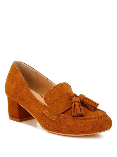 Genuine Suede Loafers with Aloha Tassel Detail by Rag Company in rich brown with block heel
