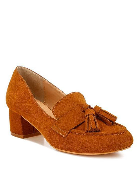 Genuine Suede Loafers with Aloha Tassel Detail by Rag Company in rich brown with block heel