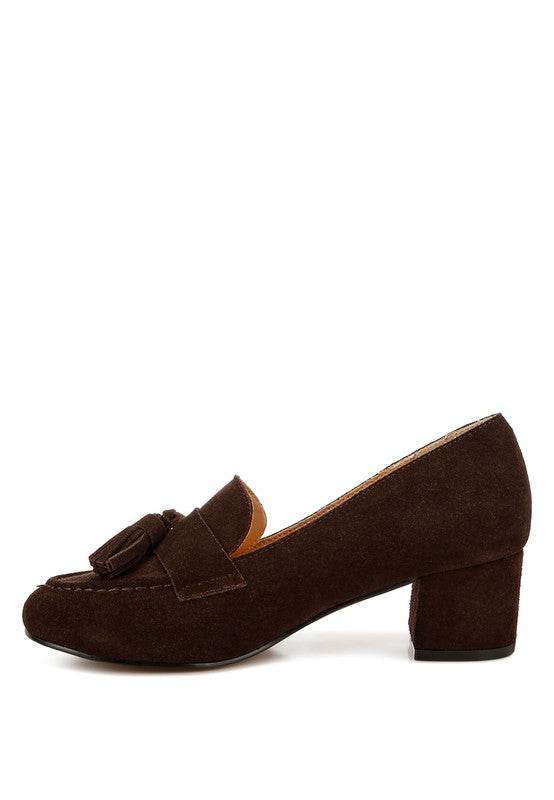 Rag Company Genuine Suede Loafers with Aloha Tassel Detail in dark brown with block heel