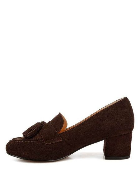 Rag Company Genuine Suede Loafers with Aloha Tassel Detail in dark brown with block heel