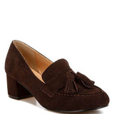 Rag Company Genuine Suede Loafers with Aloha Tassel Detail in dark brown with low block heel