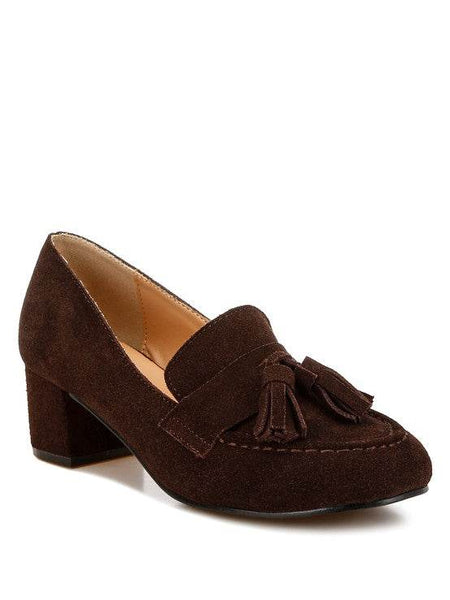 Rag Company Genuine Suede Loafers with Aloha Tassel Detail in dark brown with low block heel