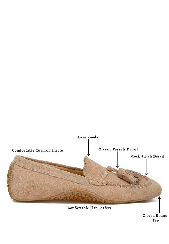 Rag Company kipstar leather loafers in beige suede with tassels, cushioned insole, and closed round toe