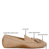 Rag Company kipstar leather loafers in beige suede with tassels, cushioned insole, and closed round toe