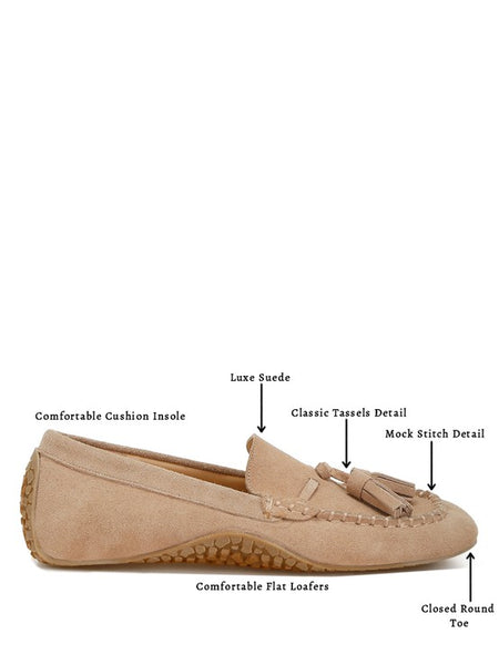 Rag Company kipstar leather loafers in beige suede with tassels, cushioned insole, and closed round toe