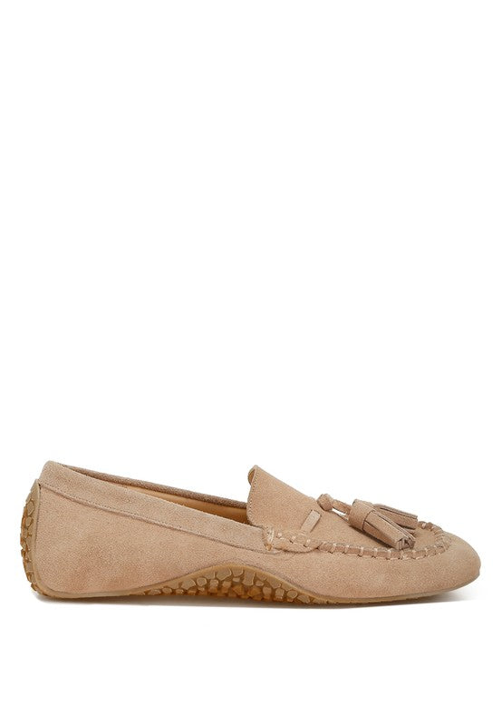 Rag Company kipstar leather loafers in beige suede with tassel detail and textured sole