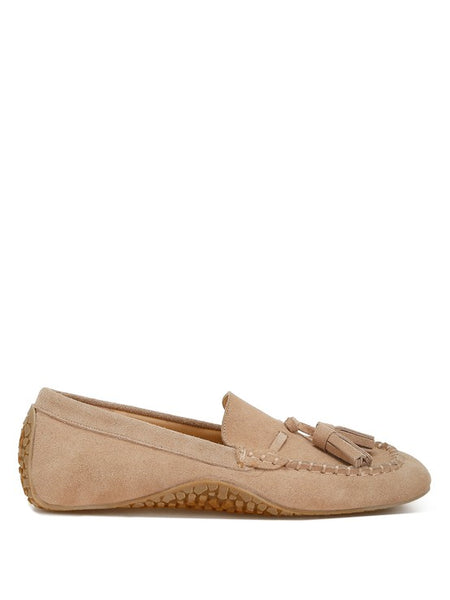 Rag Company kipstar leather loafers in beige suede with tassel detail and textured sole
