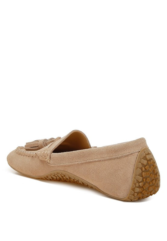Rag Company kipstar leather loafers in beige suede with tassel detail and textured rubber sole