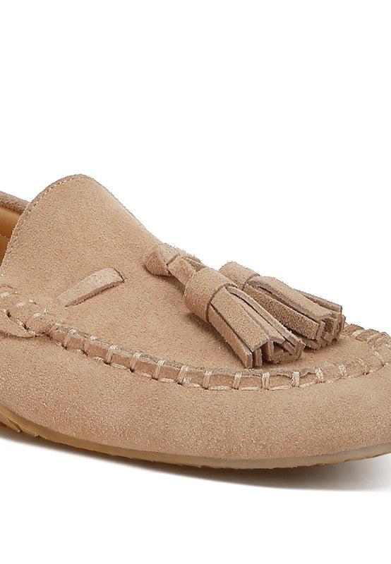 Rag Company kipstar leather loafers beige suede tassel moccasin style shoe