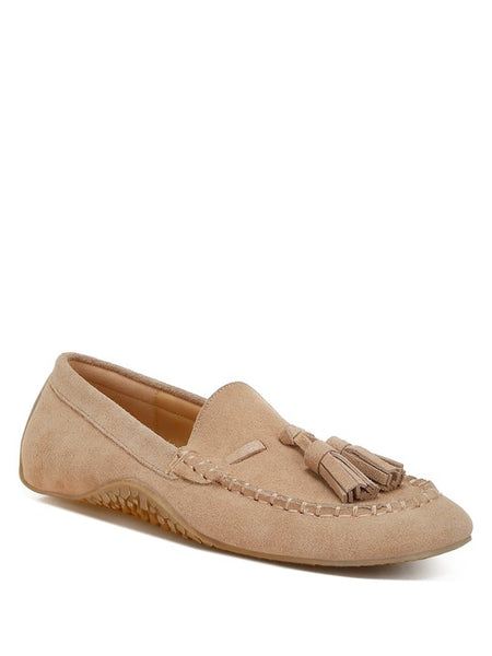 Rag Company kipstar leather loafers in beige with tassel detail and textured sole