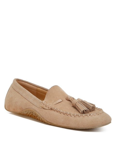 Rag Company kipstar leather loafers in beige with tassel detail and textured sole