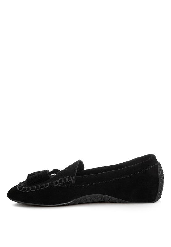 Rag Company black kipstar leather loafers with tassel detail and stitched moccasin design