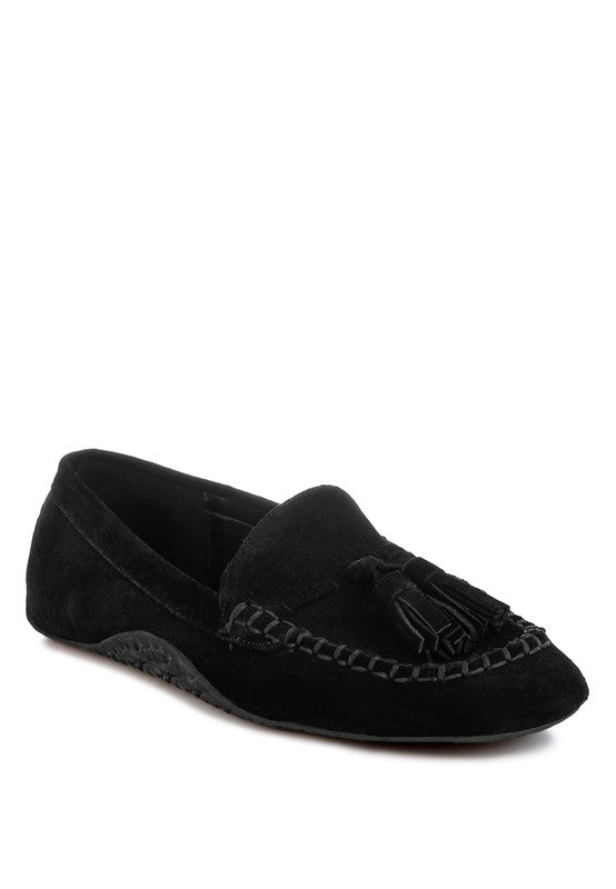 Rag Company black kipstar leather loafers with tassel detail and stitched trim design