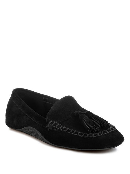 Rag Company black kipstar leather loafers with tassel detail and stitched trim design