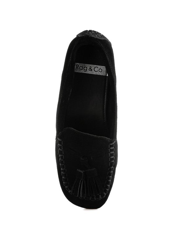 Black Rag Company kipstar leather loafers with tassel detail and stitched moccasin design